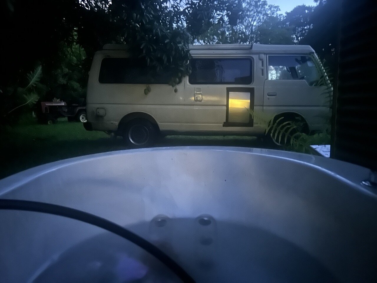 Me in the bath relaxing listening to public waffle on and educate first class relaxation thankfully you don’t see much of me apart from my foot perhaps and a hot water pipe and my trusty 40 year-old van in front of me